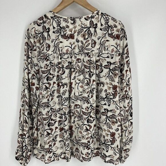 Lucky Brand Top Size Large Womens Ivory Long Sleeve Floral Print Smocked V Neck - Picture 4 of 6